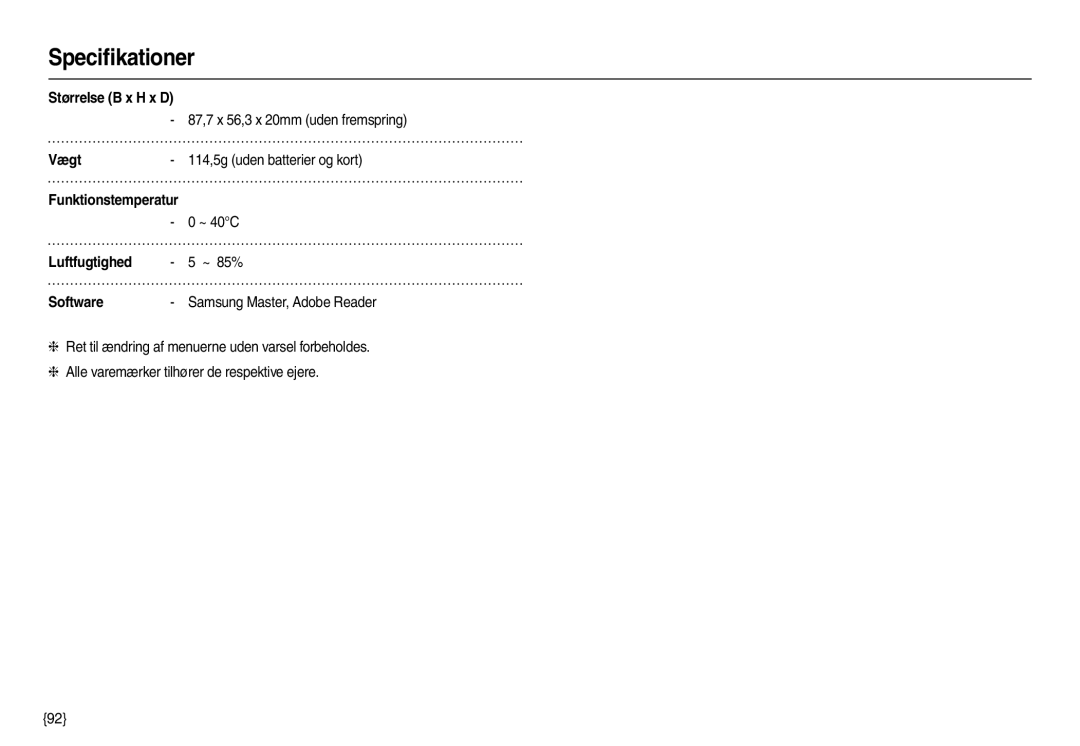 Samsung EC-M110ZSDB/E3 manual Størrelse B x H x D, Vægt, Luftfugtighed, Software 