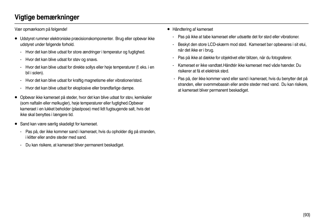 Samsung EC-M110ZSDB/E3 manual Vigtige bemærkninger 