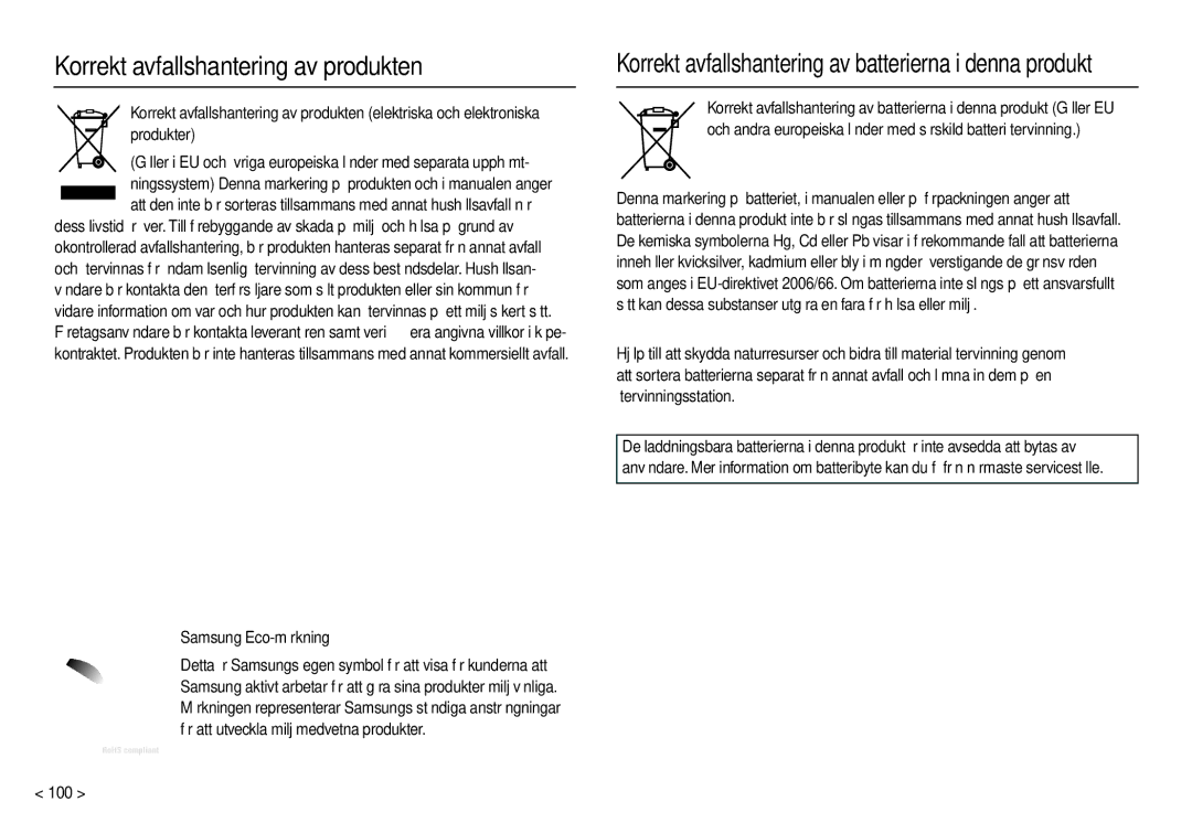 Samsung EC-M110ZSDB/E3 manual Korrekt avfallshantering av produkten, Samsung Eco-märkning, 100 