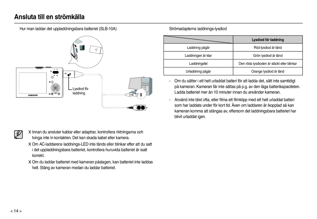 Samsung EC-M110ZSDB/E3 manual „ Hur man laddar det uppladdningsbara batteriet SLB-10A, Lysdiod för laddning 