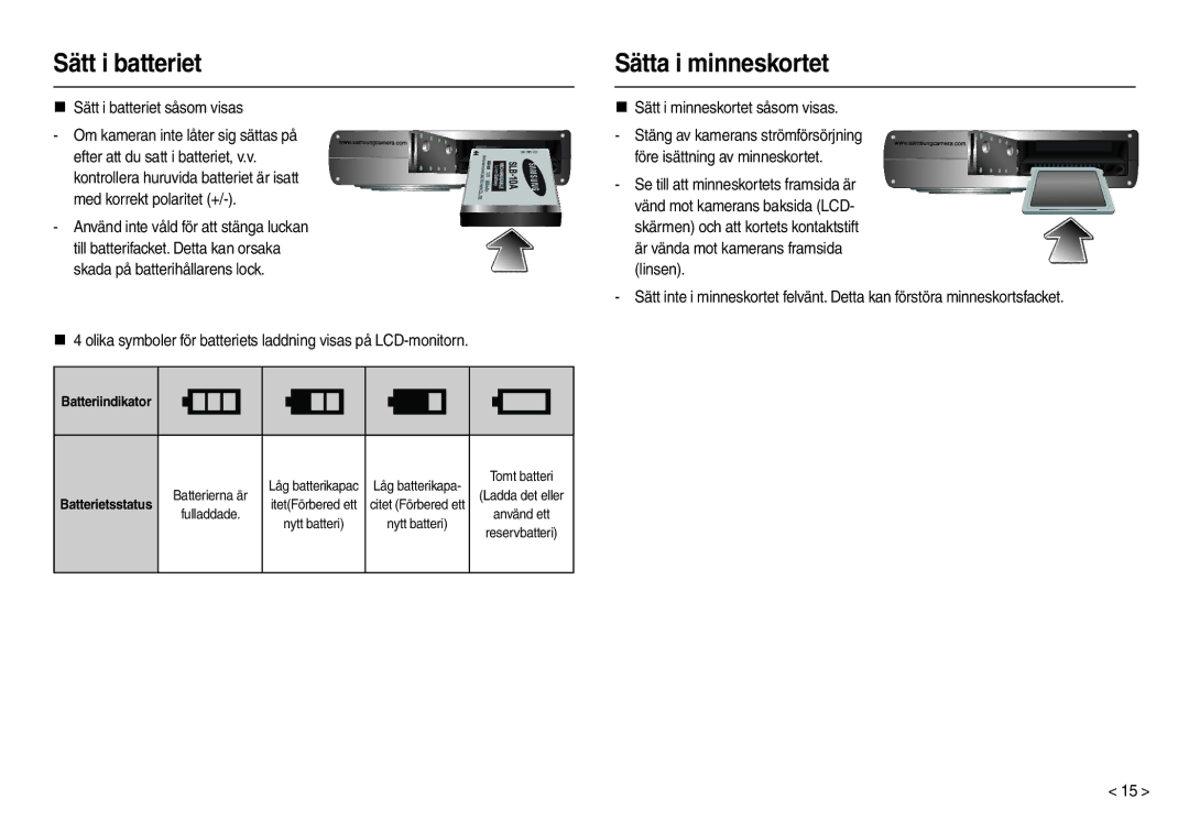 Samsung EC-M110ZSDB/E3 manual Sätta i minneskortet, „ Sätt i batteriet såsom visas, „ Sätt i minneskortet såsom visas 