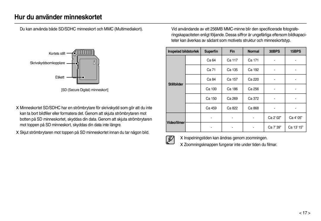 Samsung EC-M110ZSDB/E3 manual Superﬁn Fin Normal, Stillbilder 