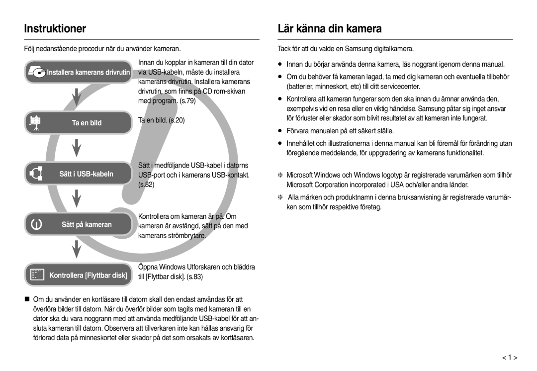 Samsung EC-M110ZSDB/E3 manual Instruktioner, Lär känna din kamera, Tack för att du valde en Samsung digitalkamera 