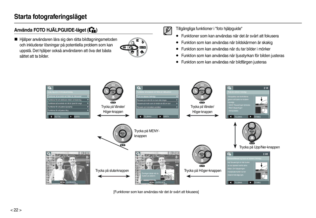 Samsung EC-M110ZSDB/E3 manual Använda Foto HJÄLPGUIDE-läget, Hjälpguide Fotografering 