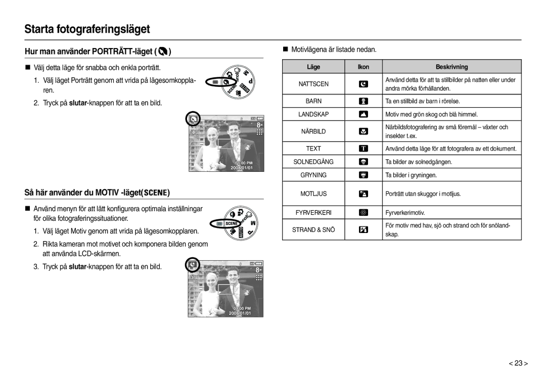 Samsung EC-M110ZSDB/E3 manual Hur man använder PORTRÄTT-läget, Så här använder du Motiv -läget, Läge Ikon Beskrivning 