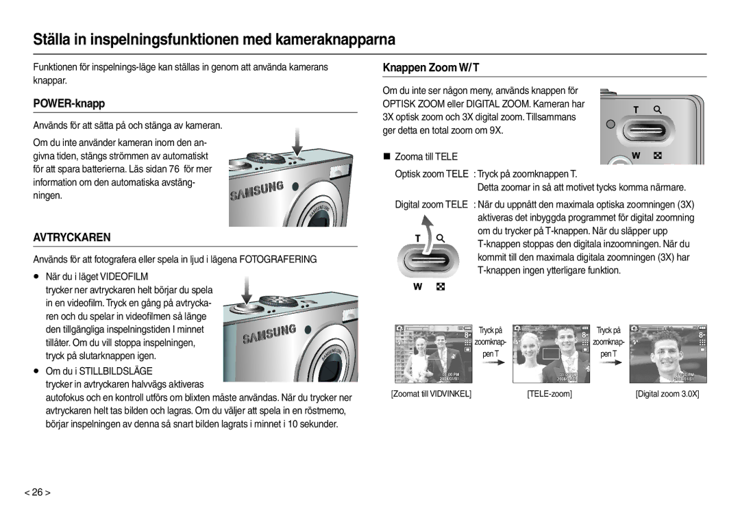 Samsung EC-M110ZSDB/E3 manual Ställa in inspelningsfunktionen med kameraknapparna, POWER-knapp, Knappen Zoom W/ T 