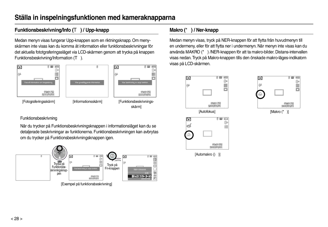 Samsung EC-M110ZSDB/E3 manual Funktionsbeskrivning/Info  / Upp-knapp, Makro  / Ner-knapp, „ Funktionsbeskrivning 