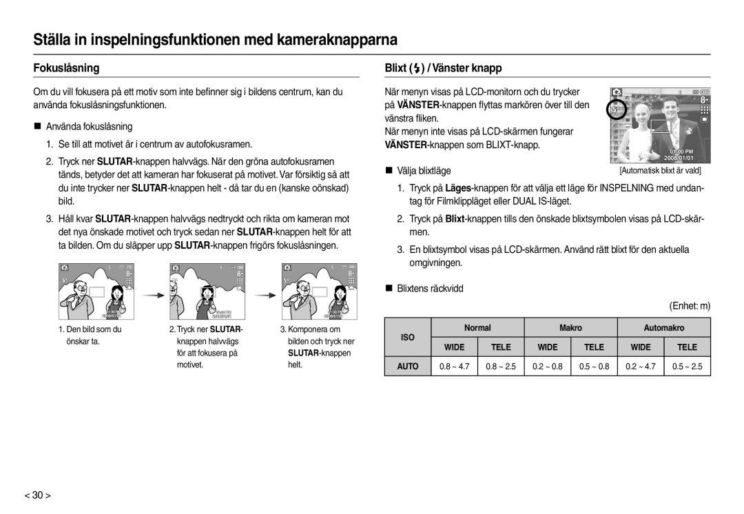 Samsung EC-M110ZSDB/E3 manual Fokuslåsning, Blixt  / Vänster knapp, „ Välja blixtläge, Enhet m, Normal Makro Automakro 