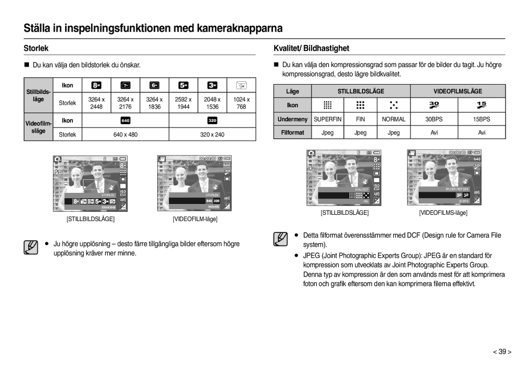 Samsung EC-M110ZSDB/E3 manual Storlek, Kvalitet/ Bildhastighet, „ Du kan välja den bildstorlek du önskar, Släge 