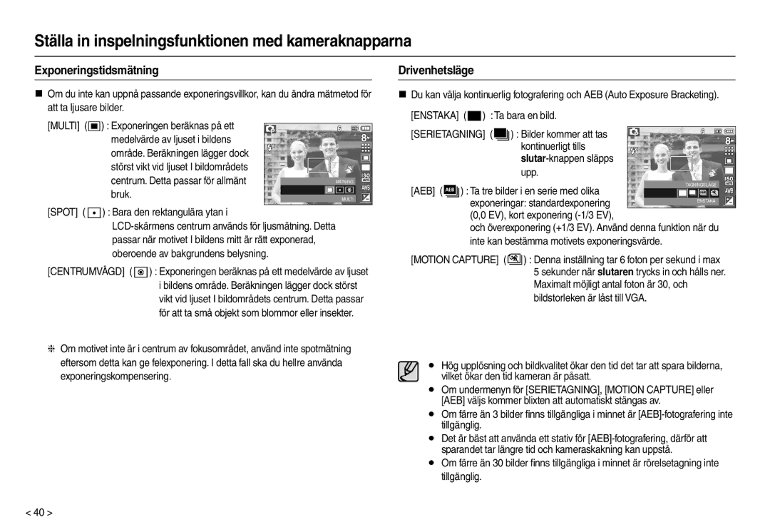 Samsung EC-M110ZSDB/E3 manual Exponeringstidsmätning Drivenhetsläge 