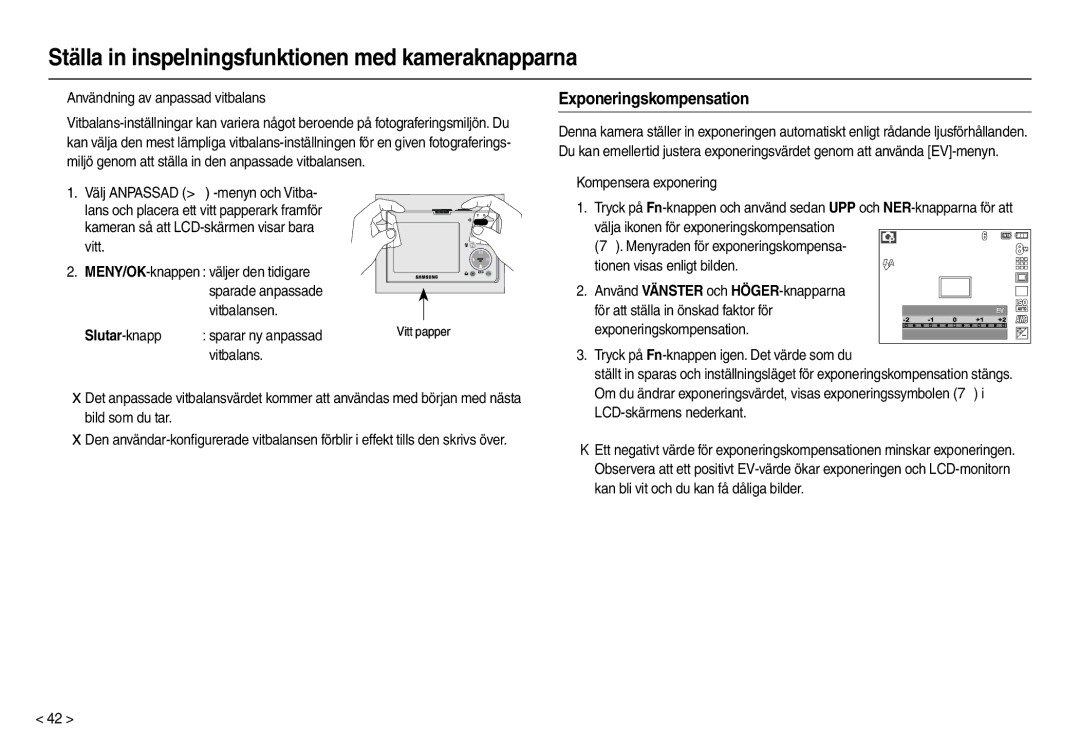 Samsung EC-M110ZSDB/E3 Exponeringskompensation, „ Användning av anpassad vitbalans, Slutar -knapp, Sparar ny anpassad 