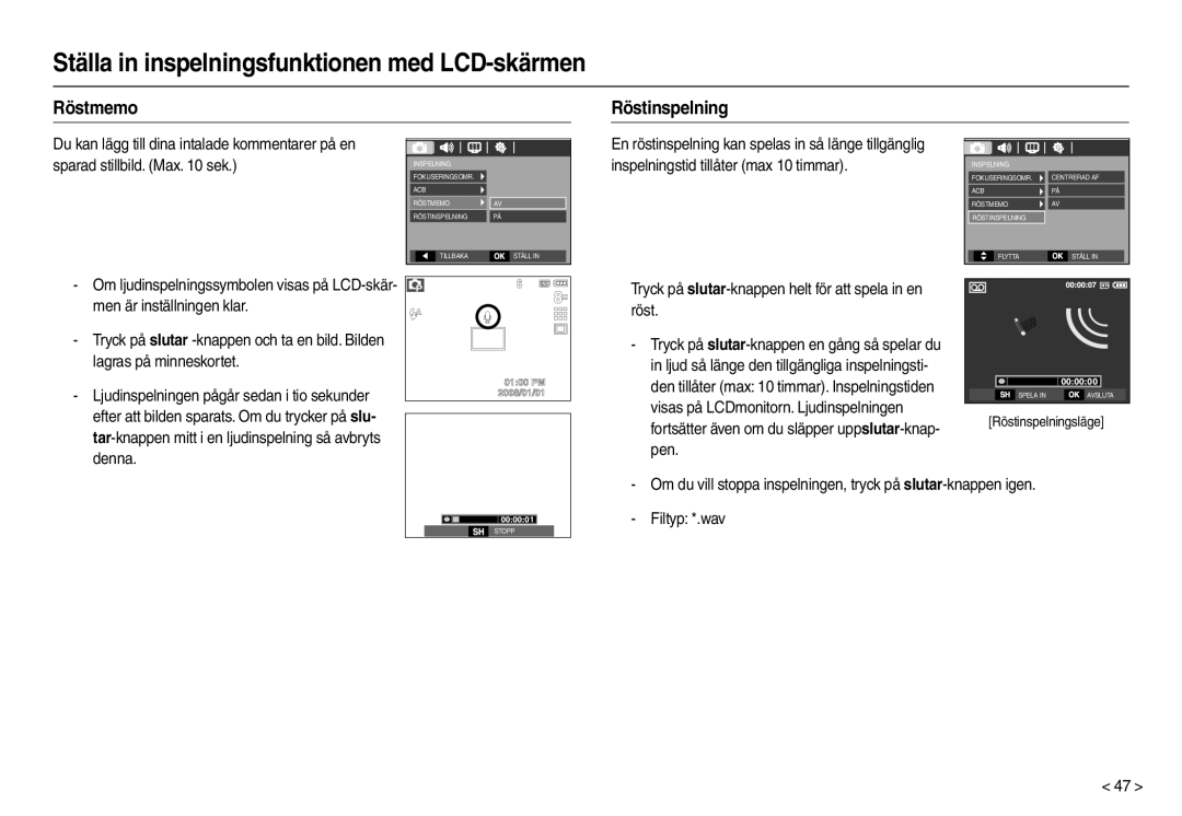 Samsung EC-M110ZSDB/E3 manual Röstmemo Röstinspelning, Visas på LCDmonitorn. Ljudinspelningen, Pen, Filtyp *.wav 