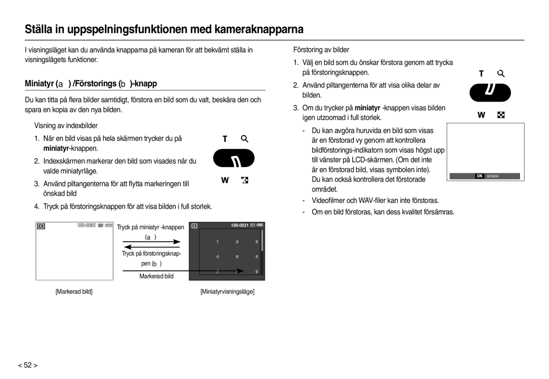 Samsung EC-M110ZSDB/E3 manual Ställa in uppspelningsfunktionen med kameraknapparna, Miniatyr  /Förstorings -knapp 