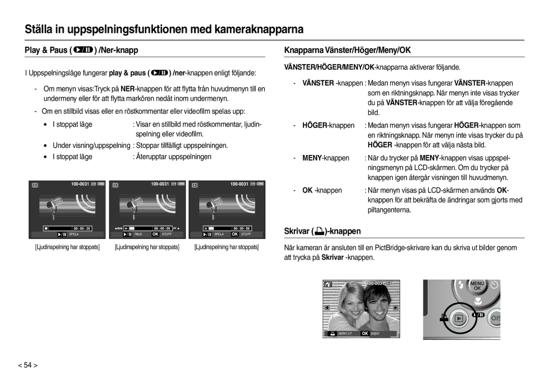 Samsung EC-M110ZSDB/E3 manual Play & Paus  /Ner-knapp, Knapparna Vänster/Höger/Meny/OK, Skrivar -knappen 