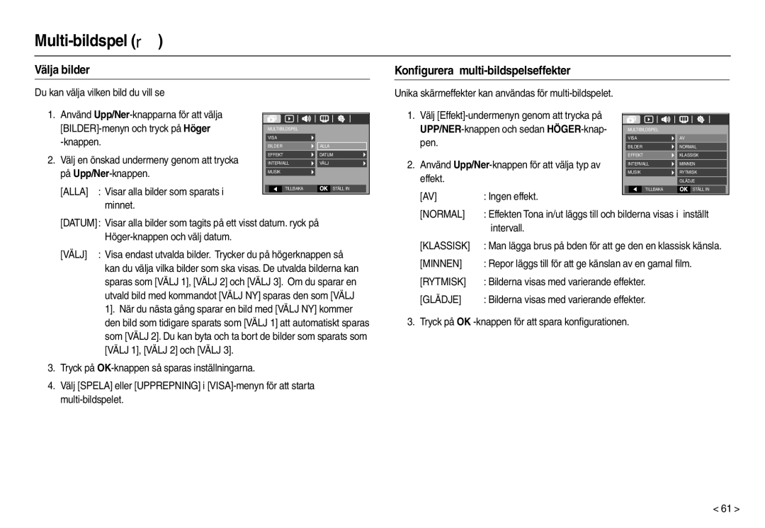 Samsung EC-M110ZSDB/E3 manual Välja bilder Konﬁgurera multi-bildspelseffekter 