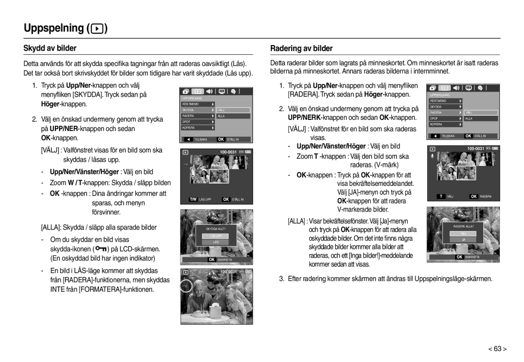 Samsung EC-M110ZSDB/E3 manual Skydd av bilder, Radering av bilder, Upp/Ner/Vänster/Höger Välj en bild 