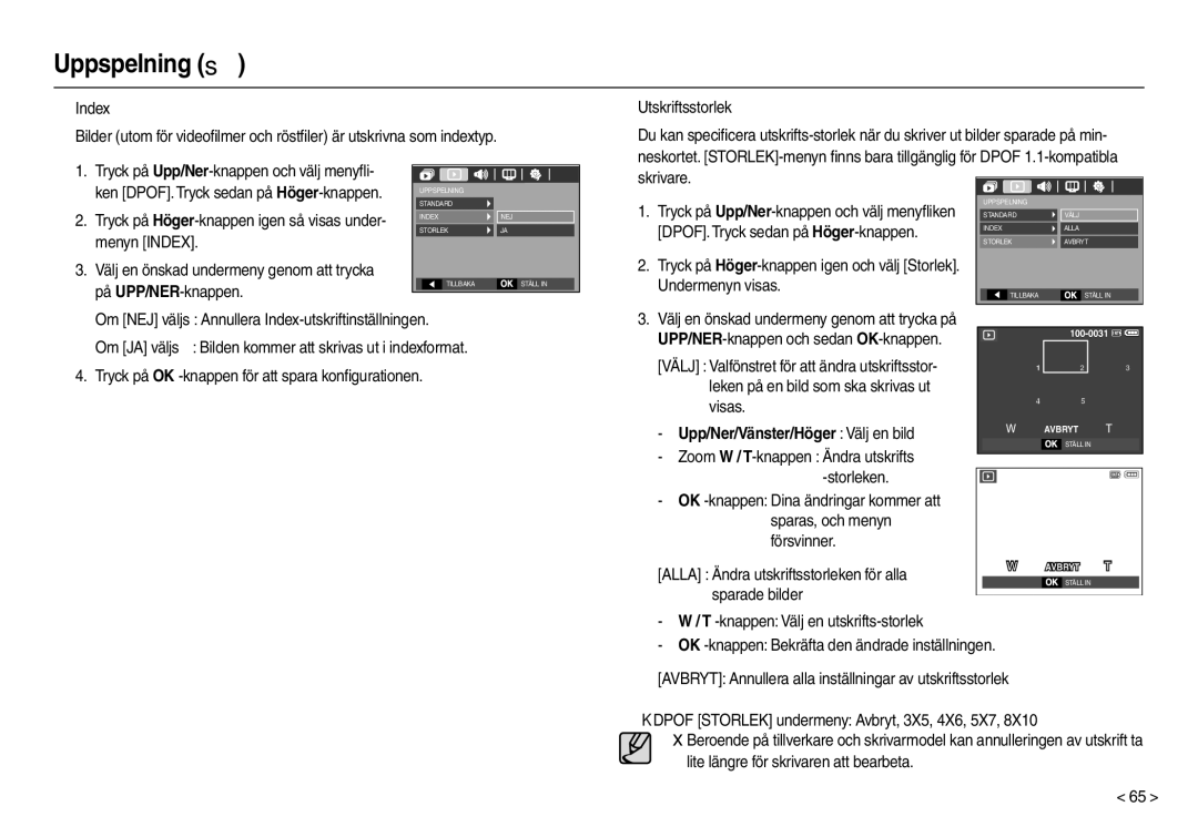 Samsung EC-M110ZSDB/E3 manual „ Index, Skrivare, DPOF. Tryck sedan på Höger-knappen, Menyn Index, Undermenyn visas 