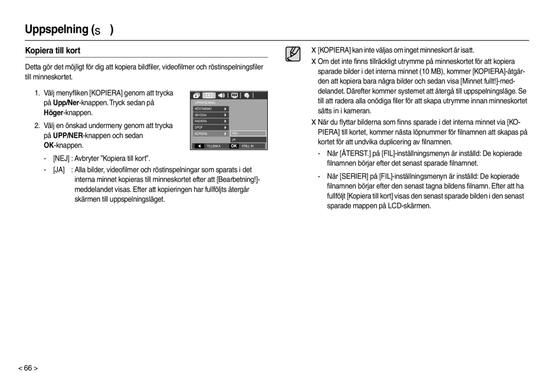 Samsung EC-M110ZSDB/E3 manual NEJ Avbryter Kopiera till kort, Kopiera kan inte väljas om inget minneskort är isatt 