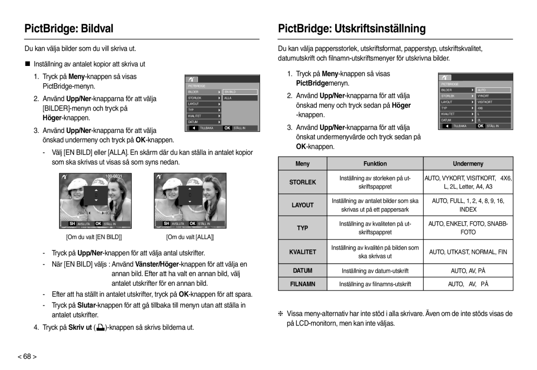 Samsung EC-M110ZSDB/E3 manual PictBridge Bildval PictBridge Utskriftsinställning 