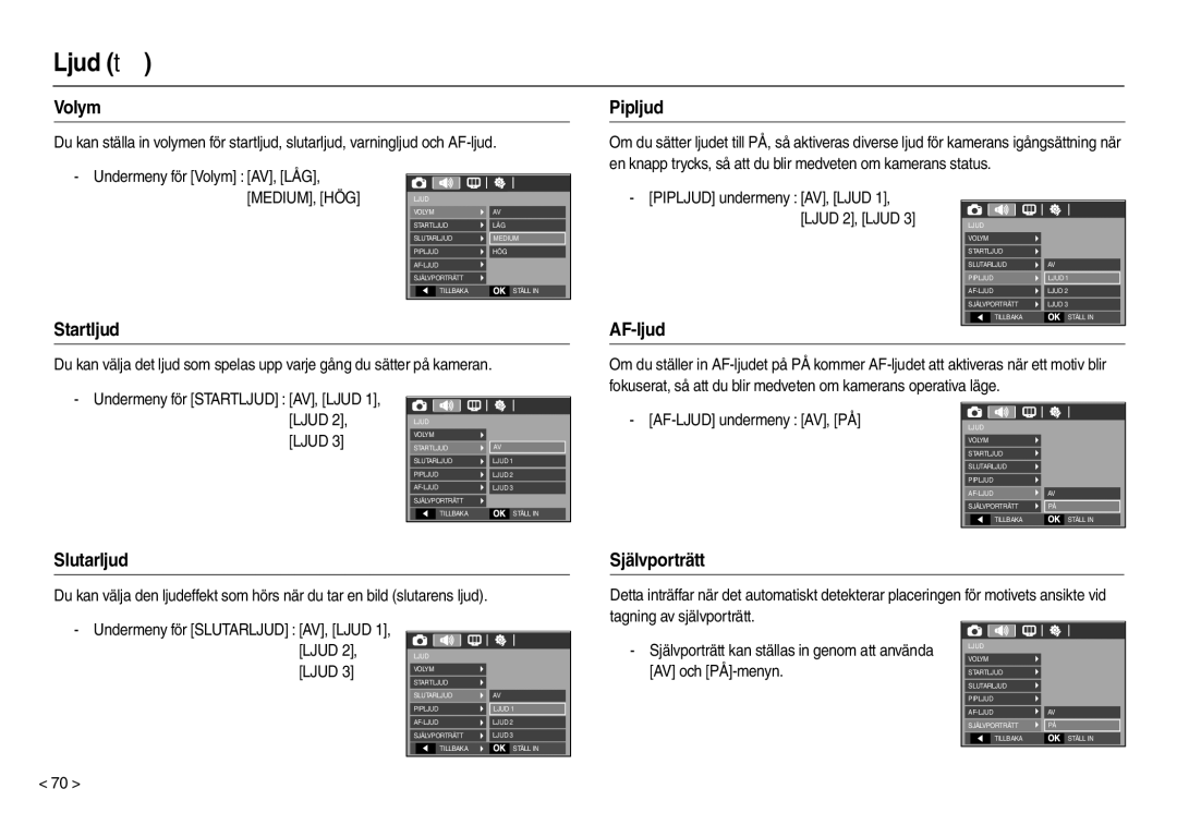 Samsung EC-M110ZSDB/E3 manual Ljud , Volym Pipljud, Slutarljud, Självporträtt 