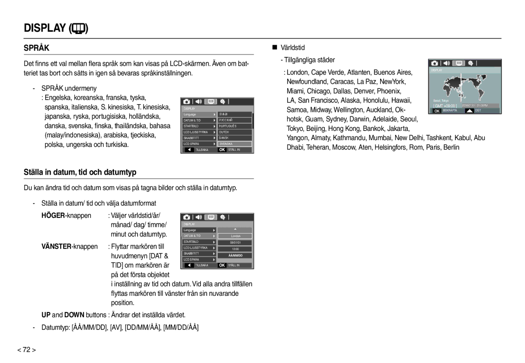 Samsung EC-M110ZSDB/E3 manual „ Världstid Tillgängliga städer, Språk undermeny 