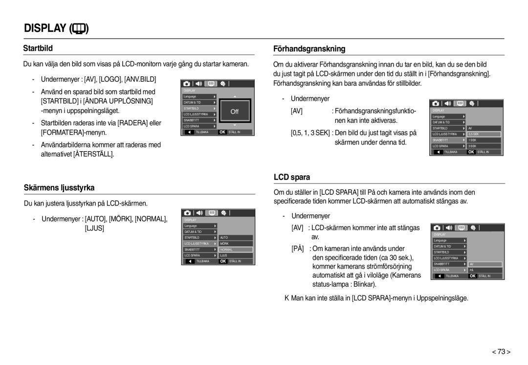 Samsung EC-M110ZSDB/E3 manual Startbild, Förhandsgranskning, Skärmens ljusstyrka LCD spara 