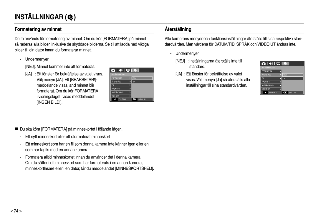 Samsung EC-M110ZSDB/E3 manual Formatering av minnet Återställning, Bilder till din dator innan du formaterar minnet 