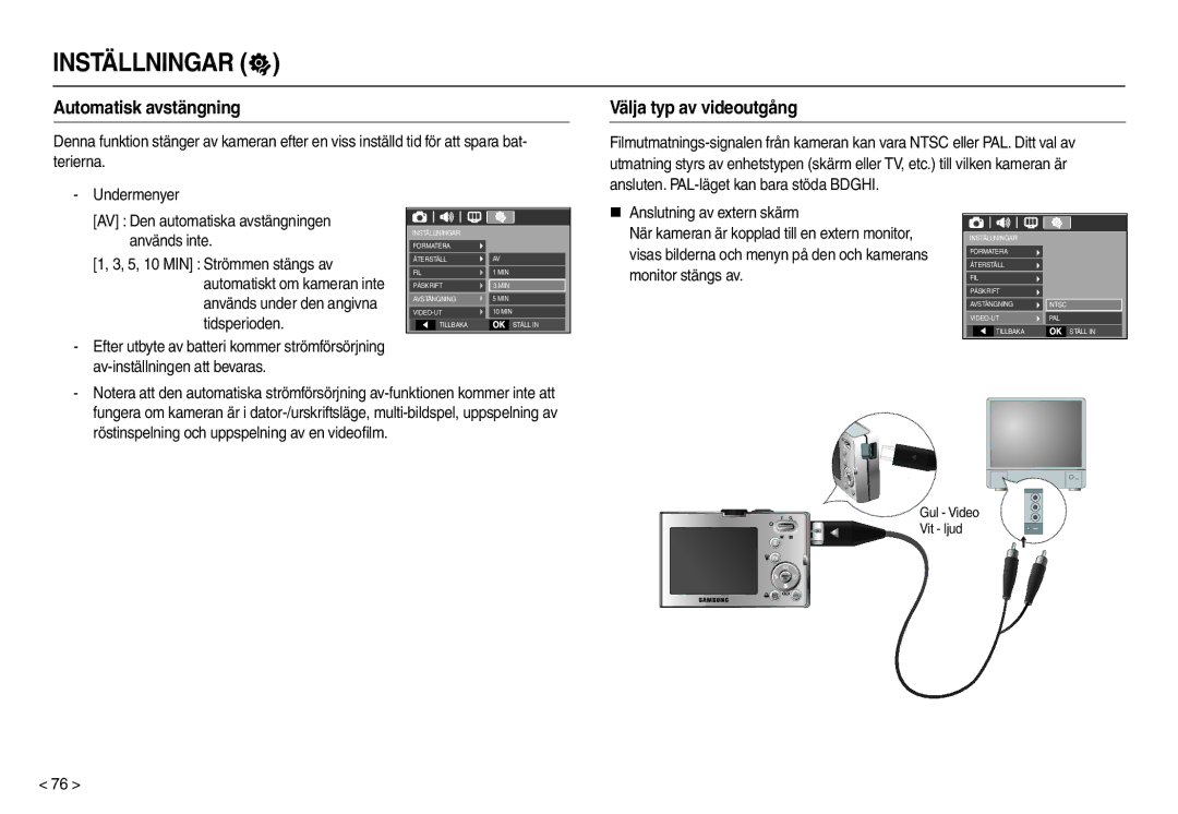 Samsung EC-M110ZSDB/E3 manual Automatisk avstängning, Välja typ av videoutgång 