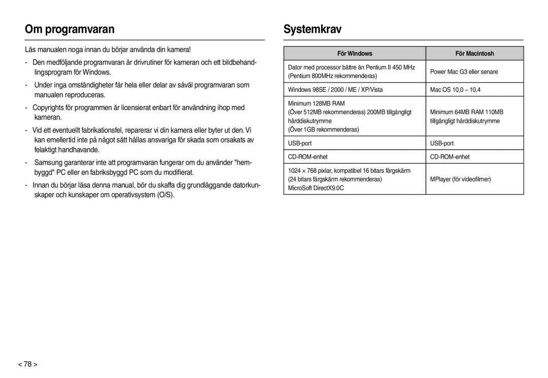 Samsung EC-M110ZSDB/E3 manual Om programvaran, Systemkrav, För Windows För Macintosh 