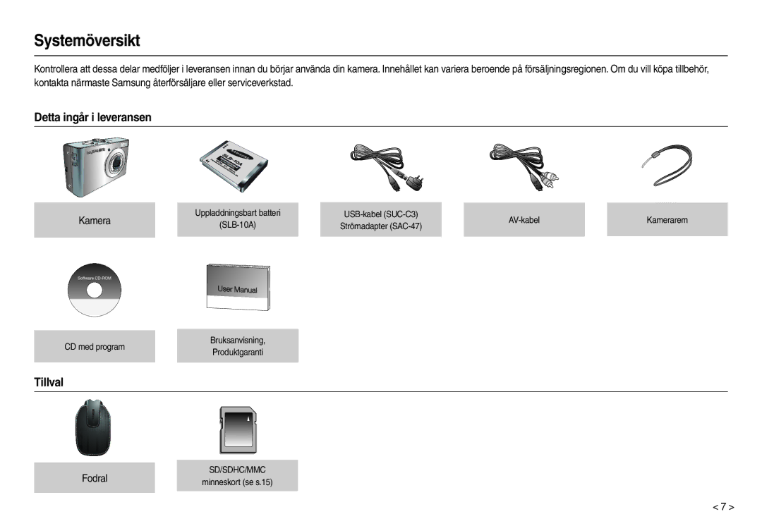 Samsung EC-M110ZSDB/E3 manual Systemöversikt, Detta ingår i leveransen, Tillval, Kamera, Fodral 