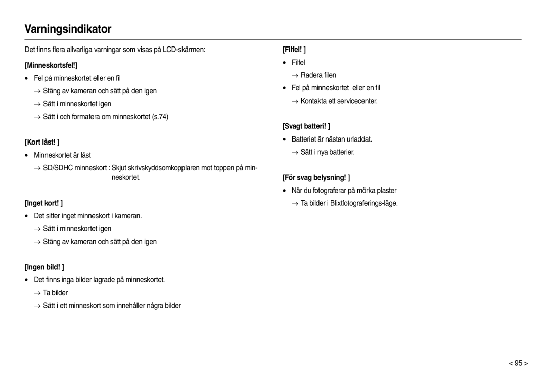 Samsung EC-M110ZSDB/E3 manual Varningsindikator 