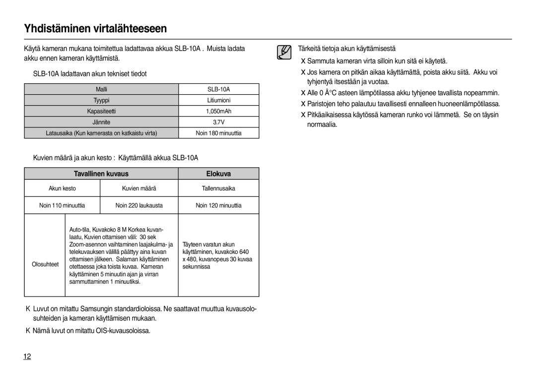 Samsung EC-M110ZSDB/E3 manual Yhdistäminen virtalähteeseen, „ Kuvien määrä ja akun kesto Käyttämällä akkua SLB-10A 