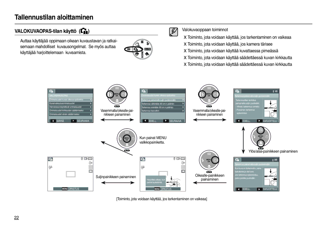 Samsung EC-M110ZSDB/E3 manual VALOKUVAOPAS-tilan käyttö, Valokuvausopas 