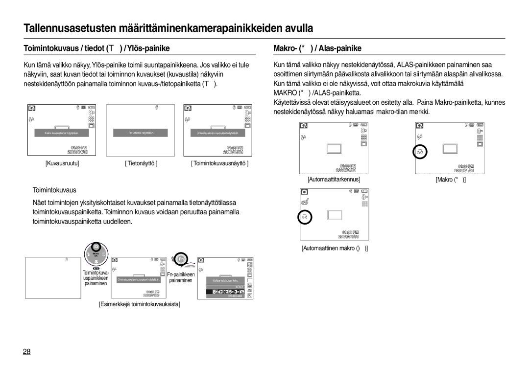 Samsung EC-M110ZSDB/E3 manual Toimintokuvaus / tiedot  / Ylös-painike, Makro-  / Alas-painike, „ Toimintokuvaus 