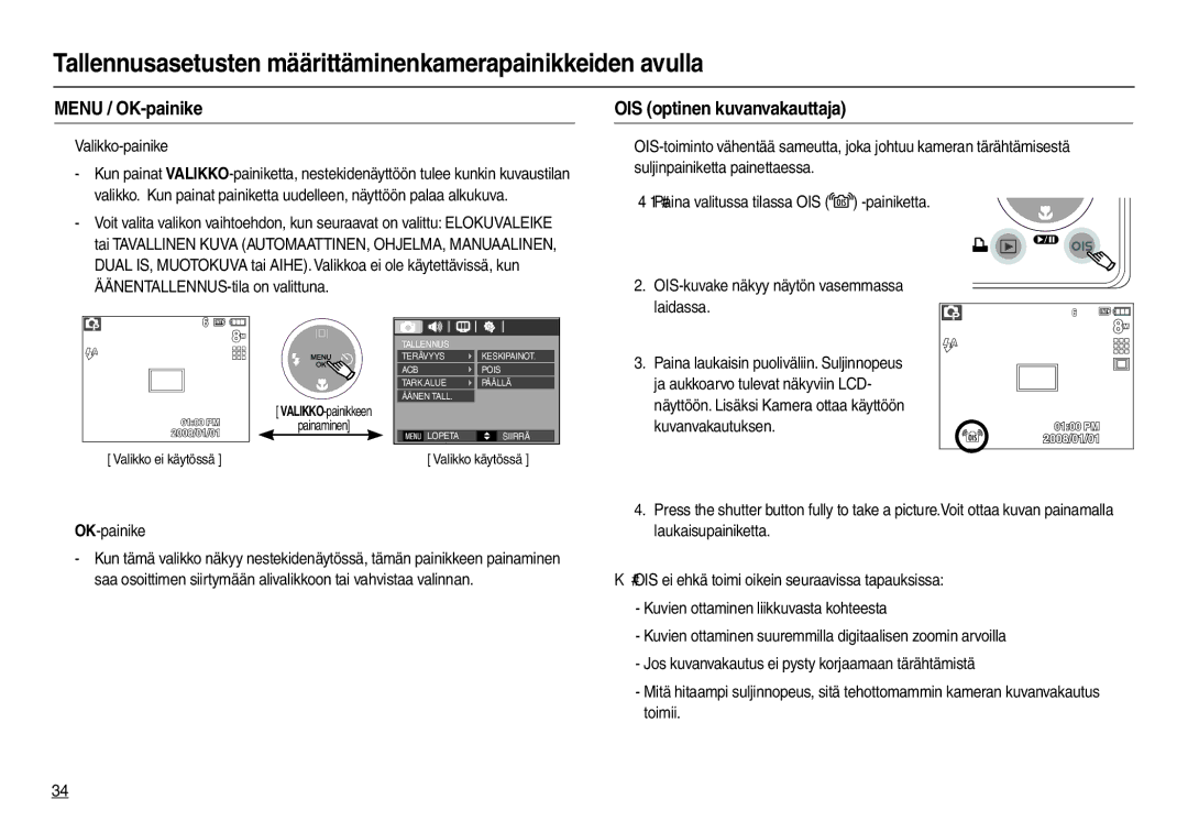 Samsung EC-M110ZSDB/E3 manual Menu / OK-painike, OIS optinen kuvanvakauttaja, „ Valikko-painike, „ OK-painike 