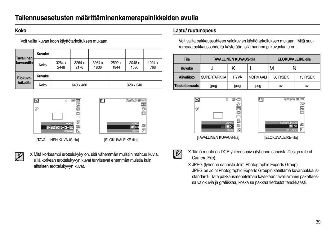 Samsung EC-M110ZSDB/E3 manual Koko, Laatu/ ruutunopeus, „ Voit valita kuvan koon käyttötarkoituksen mukaan 