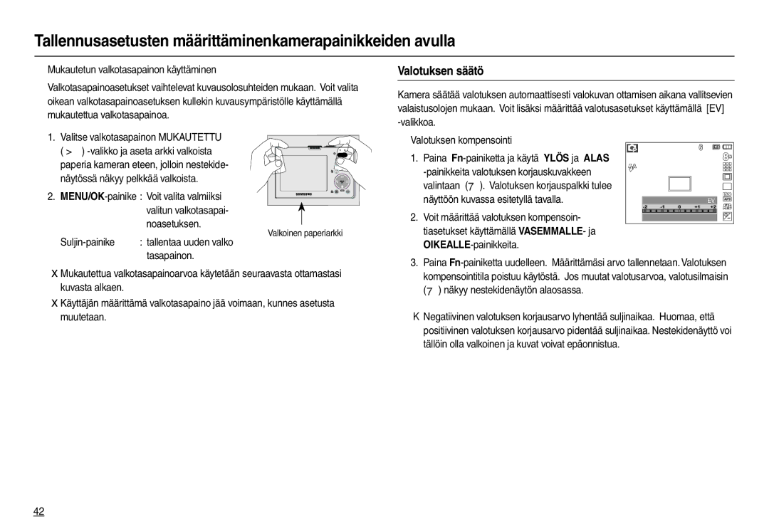 Samsung EC-M110ZSDB/E3 manual Valotuksen säätö, Suljin-painike, Tasapainon, „ Valotuksen kompensointi 