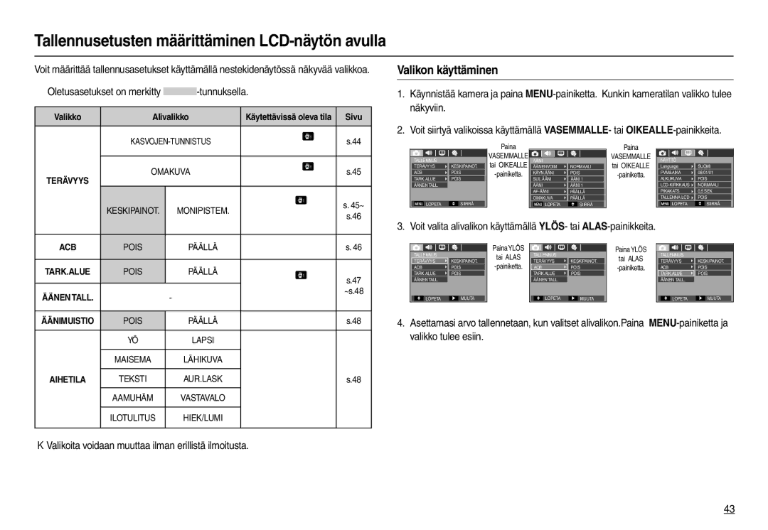 Samsung EC-M110ZSDB/E3 manual Tallennusetusten määrittäminen LCD-näytön avulla, Valikon käyttäminen 