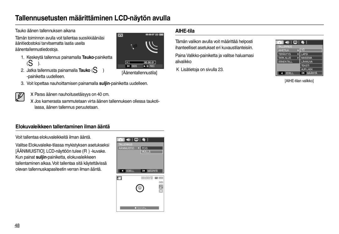 Samsung EC-M110ZSDB/E3 manual AIHE-tila, Tauko äänen tallennuksen aikana, Voit tallentaa elokuvaleikkeitä ilman ääntä 