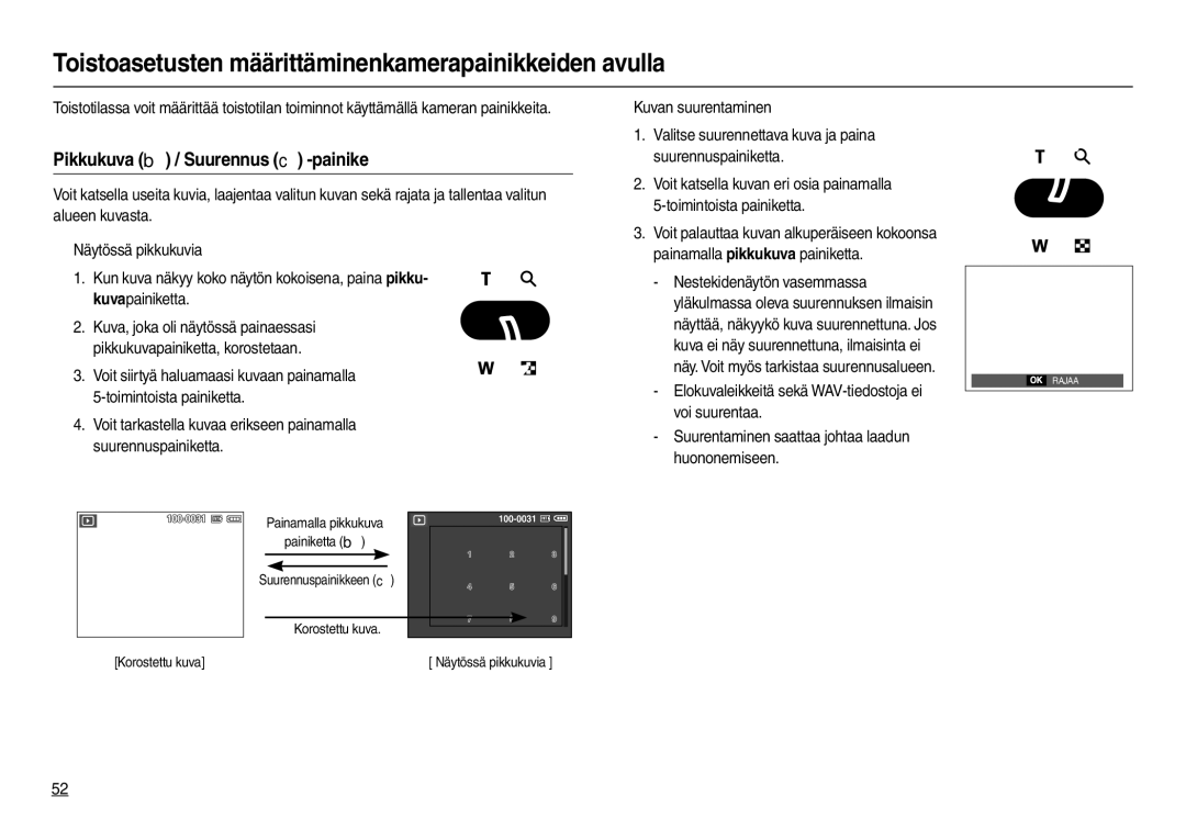 Samsung EC-M110ZSDB/E3 manual Toistoasetusten määrittäminenkamerapainikkeiden avulla, Pikkukuva  / Suurennus  -painike 