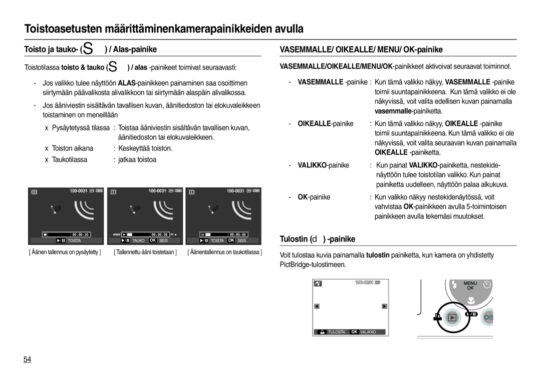 Samsung EC-M110ZSDB/E3 Toisto ja tauko-  / Alas-painike, VASEMMALLE/ OIKEALLE/ MENU/ OK-painike, Tulostin  -painike 