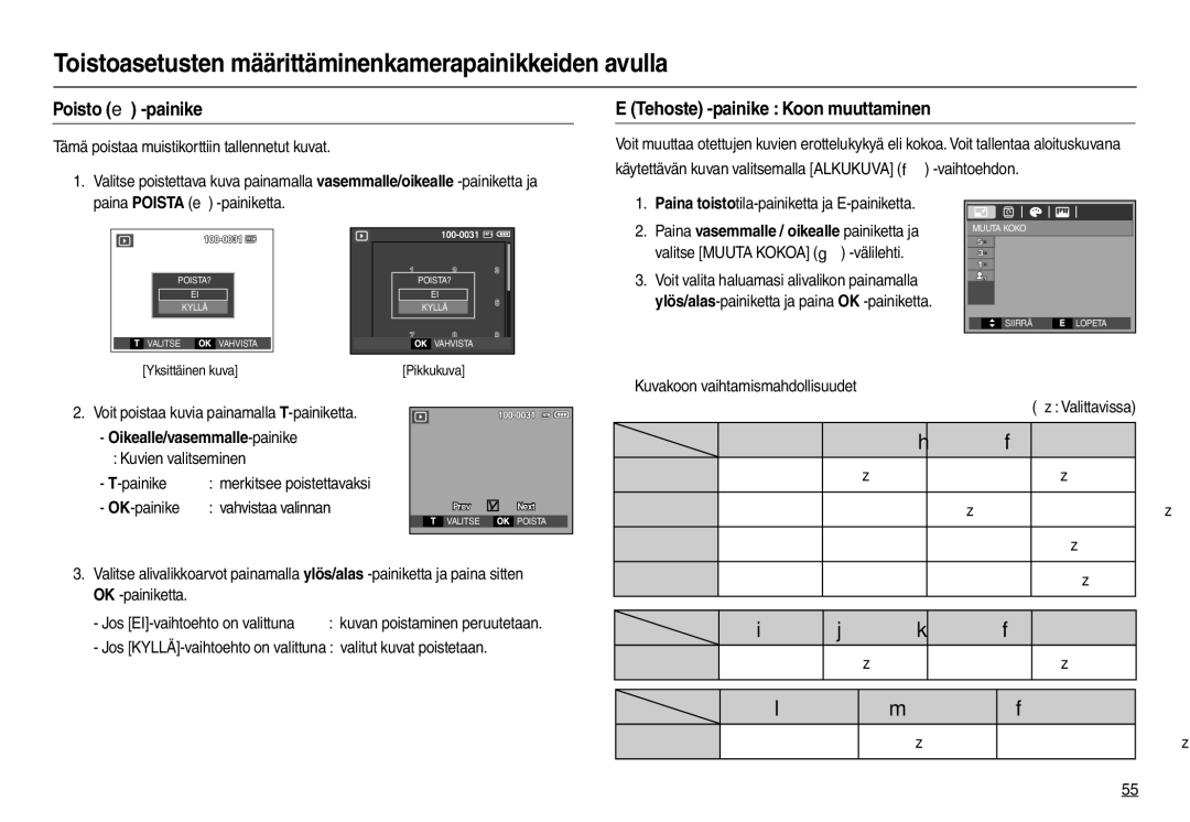 Samsung EC-M110ZSDB/E3 manual Poisto  -painike, Tehoste -painike Koon muuttaminen, „ Kuvakoon vaihtamismahdollisuudet 