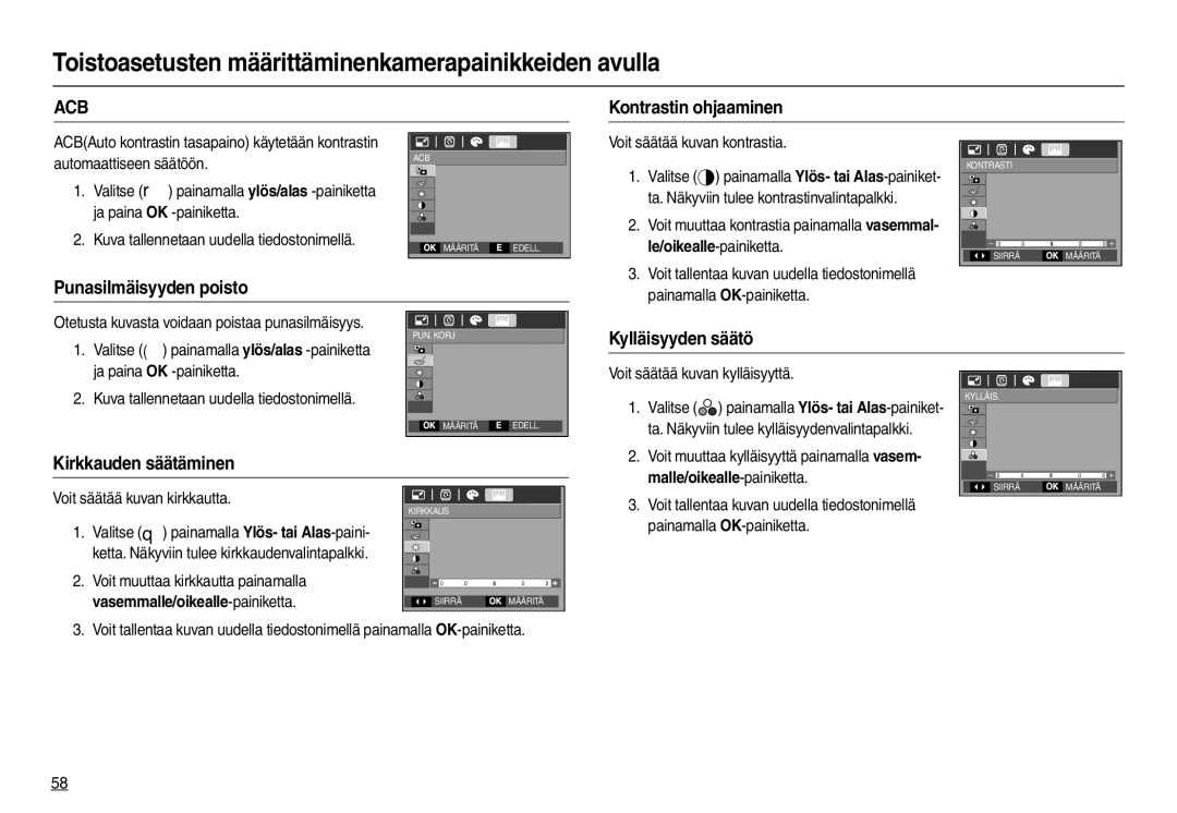 Samsung EC-M110ZSDB/E3 manual Kontrastin ohjaaminen, Punasilmäisyyden poisto, Kylläisyyden säätö, Kirkkauden säätäminen 