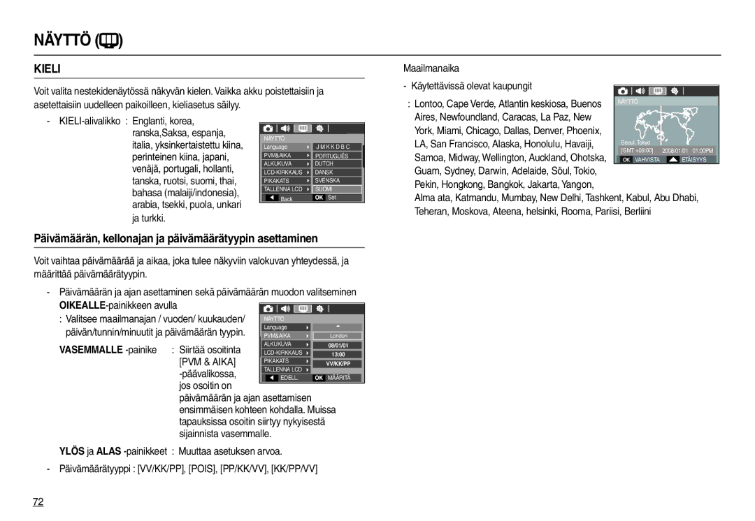 Samsung EC-M110ZSDB/E3 manual Näyttö, Valitsee maailmanajan / vuoden/ kuukauden 