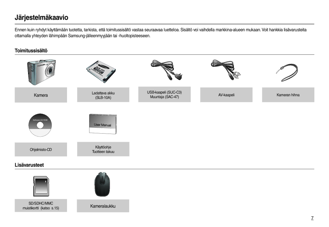 Samsung EC-M110ZSDB/E3 manual Järjestelmäkaavio, Toimitussisältö, Lisävarusteet, Kameralaukku 