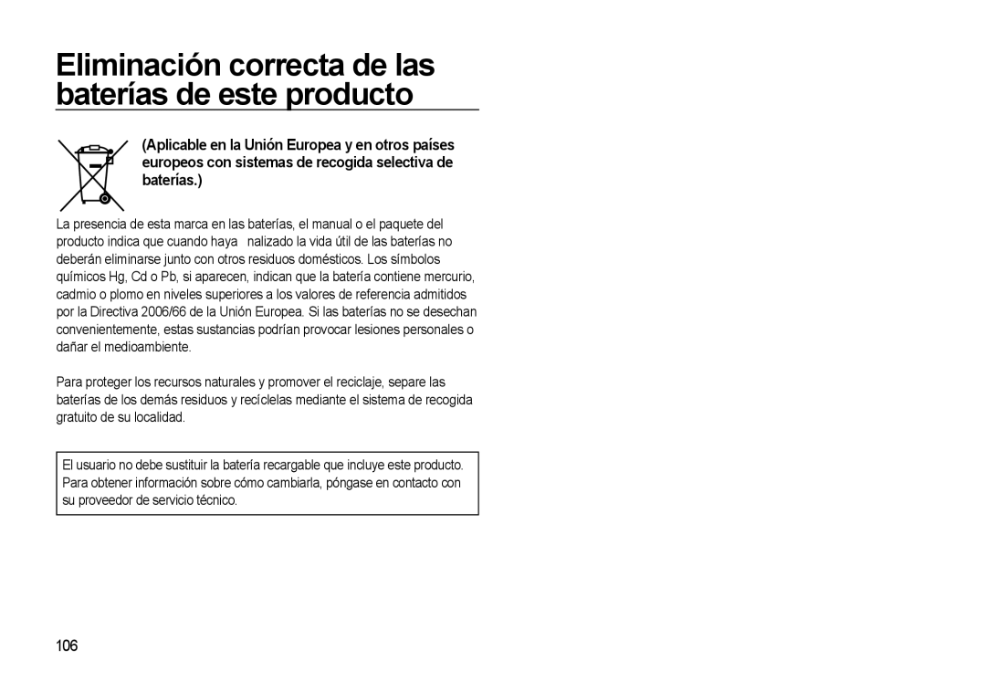 Samsung EC-M310WABA/ES, EC-M310WNBA/ES, EC-M310WSBA/ES manual Eliminación correcta de las baterías de este producto, 106 