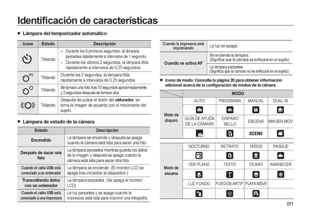 Samsung EC-M310WNBA/ES manual Lámpara del temporizador automático, Lámpara de estado de la cámara, 011, Cuando se activa AF 