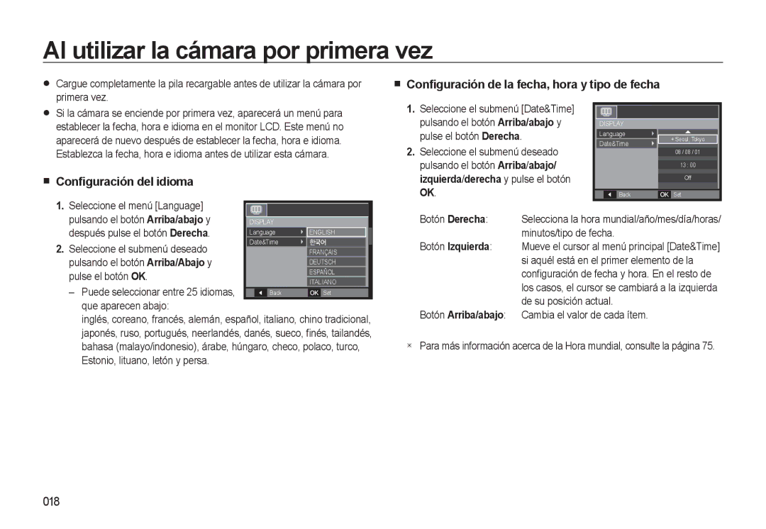 Samsung EC-M310WSBA/ES manual Al utilizar la cámara por primera vez, Conﬁguración de la fecha, hora y tipo de fecha, 018 