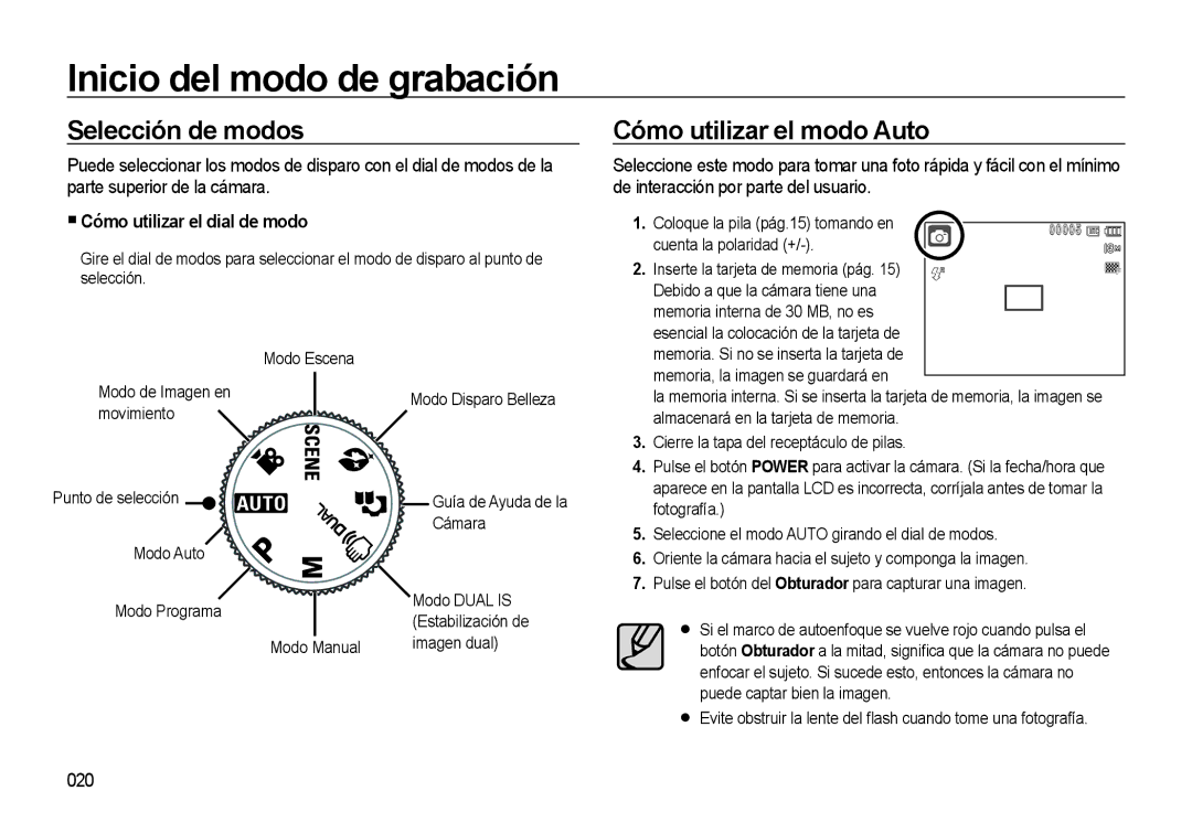 Samsung EC-M310WNBA/ES, EC-M310WSBA/ES Inicio del modo de grabación, Selección de modos, Cómo utilizar el modo Auto, 020 