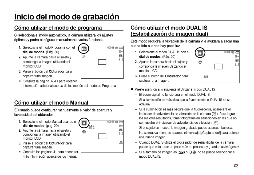 Samsung EC-M310WSBA/ES manual Cómo utilizar el modo de programa, Cómo utilizar el modo Manual, 021, Dial de modos. Pág 